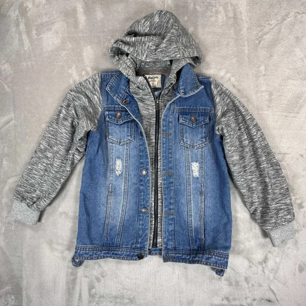 Mocam Trucker Jacket Boys 150 Blue Denim Elbow Patch Distressed Hooded Full Zip